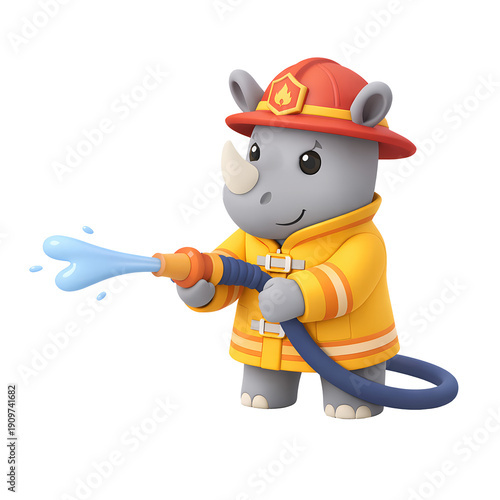 Cute rhino firefighter cartoon 3d render clay style fire hose water splash fire helmet yellow coat safety uniform rescue emergency service cute