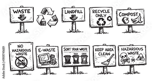 Illustrated waste management icons showing different types of waste disposal including compost, recycling, hazardous waste, landfill, and e-waste. Great for eco-conscious campaigns.