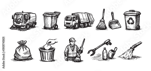 Black and white sketch illustration of street cleaning tools and worker. Includes trucks, brooms, trash cans, and worker. Good for environmental or sanitation themes.