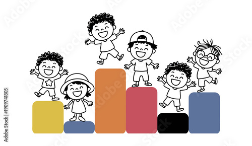 A group of joyful children playfully interact with a set of grayscale bar charts, symbolizing progress.