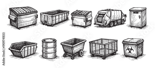 Hand-drawn illustration various trash containers, bins, and garbage truck. Environment, waste, disposal, recycling concept. Vector sketch isolated on white background.