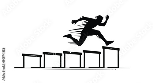 Businessman athlete running jumping over obstacles hurdles in motion black silhouette on white background success and challenge concept