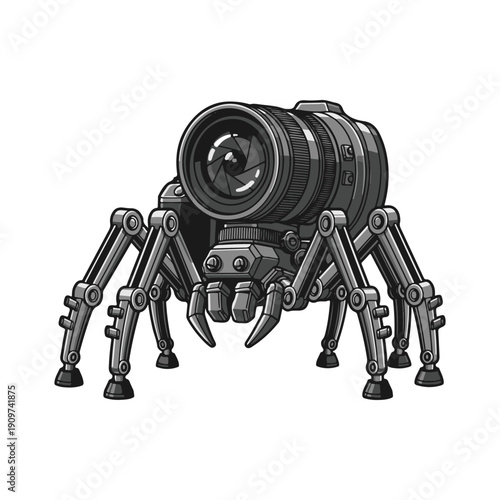 Robotic spider with camera lens body, a unique fusion of technology and nature for advanced surveillance and digital observation. Detailed vector illustration of a futuristic concept