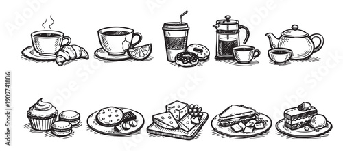 Various hand-drawn food and drink items in black and white. Coffee, tea, desserts, sandwiches, and more. Perfect for menus, blogs, or restaurant design.