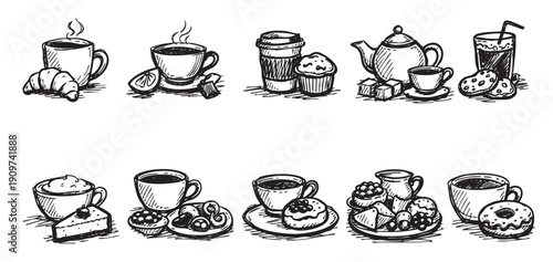 Black and white sketched coffee and pastries collection. Ideal for menu design, blog posts about breakfast, coffee shop promotions, or illustrating morning routines.