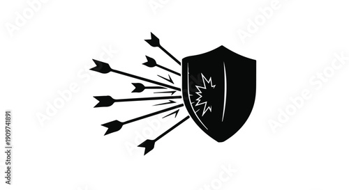 Shield with multiple arrows hitting it, symbolizing protection and defense against challenges and threats in a bold, modern illustration