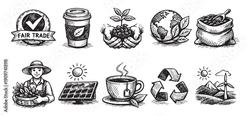 Collection of hand-drawn icons related to sustainable coffee and tea production, including fair trade, renewable energy, and environmental consciousness. Great for blog, website, or print material.