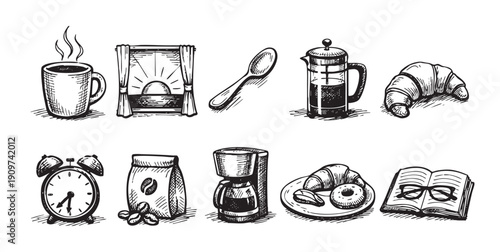 Black and white sketch illustration of breakfast items. Includes coffee, pastry, book, clock and sunrise view. Good for illustrating morning routines and relaxation.
