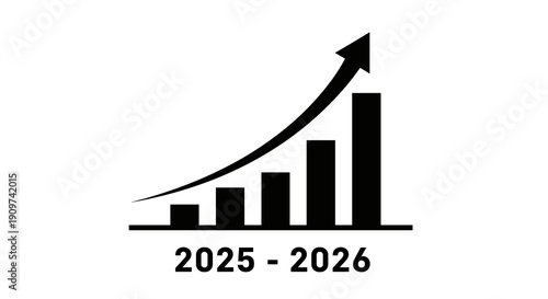 Black bar chart shows upward growth with an arrow, representing a positive trend for the years 2025-2026.