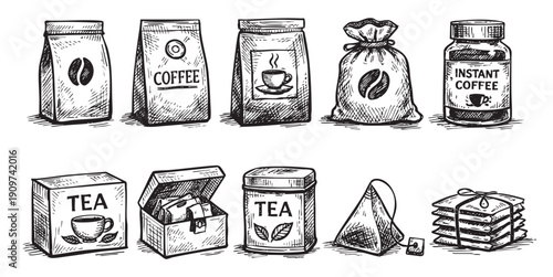 Collection of hand-drawn style coffee and tea packaging illustrations. Includes bags, jars, boxes, cans, and tea bags. Black and white sketch ideal for cafe menu designs.