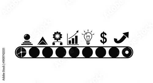 Business innovation growth concept icons on conveyor belt with gear, graph, light bulb, and dollar sign, representing industry, technology, and finance