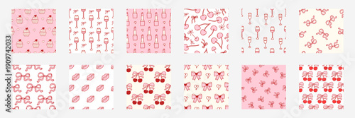 Seamless cherry pattern set with pink bows and hearts. Cute coquette design perfect for girly Valentine fabrics, vintage prints, romantic gifts, and adorable spring textiles. Vector illustration
