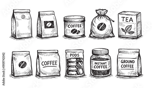 Set of sketched illustrations featuring various coffee and tea packaging types, including bags, jars, and boxes. Ideal for branding, menus, or illustrating food and beverage concepts.