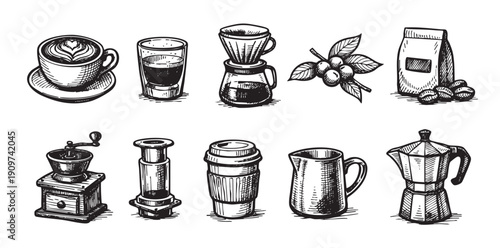 Black and white illustration of various coffee brewing methods, supplies, and coffee beans. Ideal for cafe menus, recipe illustrations, and coffee-themed marketing materials.