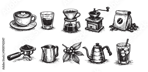 Black and white ink illustration of coffee drinks and equipment. Includes coffee cup, beans, grinder, and more. Ideal for menu designs, coffee shop branding, or cafe promotions.