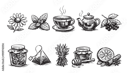 A hand-drawn style illustration of various ingredients and elements for preparing herbal tea. Includes chamomile, mint, teacup, teapot, honey, lemon, spices, and more.