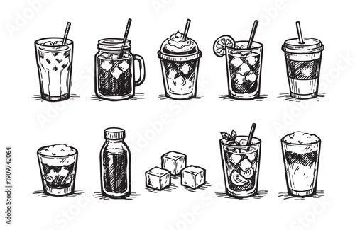 Black and white sketch illustration of various drinks, including cocktails and iced coffees, with ice cubes. Perfect for menu design, food blogs, or beverage-related content.
