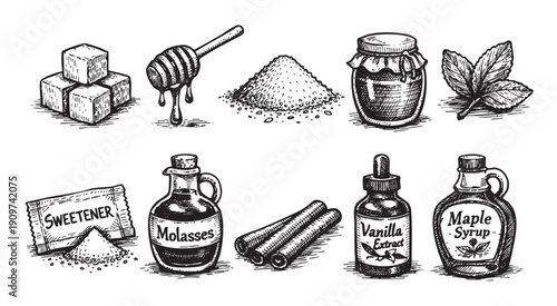 A collection of hand-drawn sweeteners, including sugar cubes, honey, molasses, maple syrup, and vanilla extract. Ideal for illustrating baking, dessert, or healthy eating concepts.