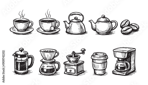 Black and white sketch of various coffee and tea making equipment. Ideal for cafe menus, recipe books, or coffee-related design projects.