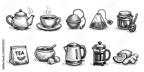 Vector illustration of tea preparation elements. Sketch style. Perfect for menu design, packaging, and promoting tea shops or cafes, conveying warmth and tradition.