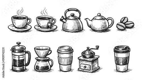Hand-drawn vector illustration of coffee and tea related objects. Ideal for cafe menus, blogs, advertising materials, and design projects needing an artistic touch.