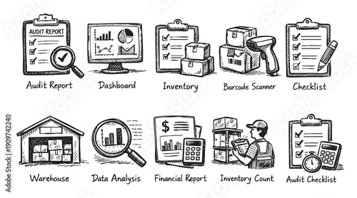 Hand drawn doodle style icons representing business audit reports, financial growth, inventory management, supply chain analysis, and accounting compliance. Isolated on white.