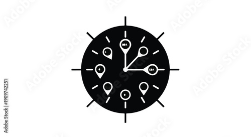 Navigation clock with location markers on black background, symbolizing time management and global connectivity