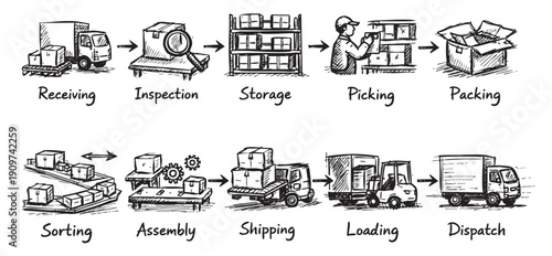 Hand-drawn style illustration depicting the supply chain process from receiving to dispatch. Ideal for visualizing logistics, warehouse management, production, or e-commerce concepts.