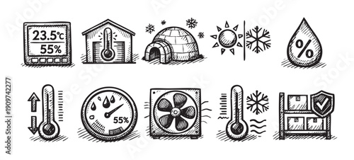Hand-drawn vector icons related to temperature, humidity, and climate control. Ideal for illustrating concepts like storage, weather, and environmental conditions.