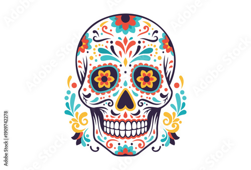 Colorful sugar skull decorated with vibrant floral patterns and traditional designs