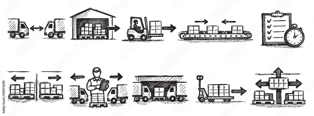 Obraz premium Hand-drawn illustration showing a supply chain process from warehousing to delivery. Depicts logistics, shipping, and distribution, useful for business or educational contexts, sketch style.