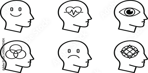 Mental Health and Psychology Icon Set Featuring Human Head Silhouettes with Happy and Sad Emotions Heartbeat Vision Venn Diagram and Global Network Thinking IllustrationsMental Health and Psychology 