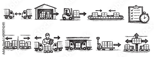 Hand-drawn illustration showing a supply chain process from warehousing to delivery. Depicts logistics, shipping, and distribution, useful for business or educational contexts, sketch style.