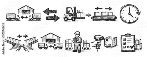Hand drawn illustration depicting the supply chain logistic process from warehouse to delivery and tracking in a simple sketched style. Can be used in informational materials.