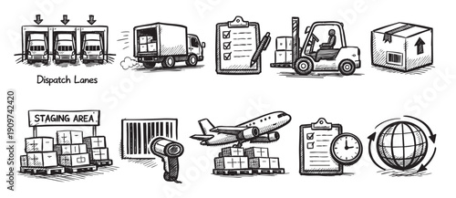 Hand-drawn sketch illustration of logistics and shipping elements, showing trucks, airplanes, forklifts and world globe. Perfect for illustrating supply chain and global business.