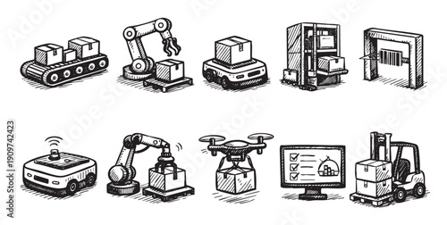 Vector illustration showing the different automated processes in warehouse and logistics settings. Includes drone, robots, conveyor belts, and software. Isolated on white for easy editing.