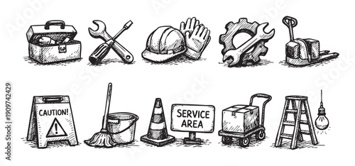 Black and white sketch illustration of various industrial and construction tools, safety equipment, and service items. Great for themes like repairs, construction, or industry.