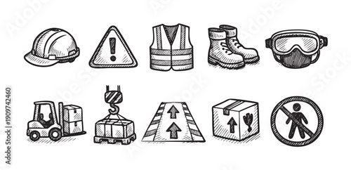 Set of hand-drawn sketch icons relating to construction, industrial safety, and logistics. Includes helmet, forklift, safety vest, and hazard symbols.