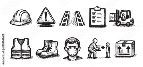 Hand drawn icons depicting construction, safety, and warehouse work. Includes hard hat, warning sign, forklift, mask, and more. Ideal for safety training material, posters.