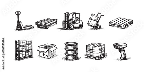 Hand drawn illustration featuring warehouse equipment such as forklift, pallet jack, hand truck, and more, ideal for illustrating logistics, shipping, or inventory management.