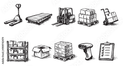 Hand drawn style sketch illustration featuring logistics and warehouse equipment. Includes forklift, boxes, hand truck, scanner. Perfect for logistics, supply chain or shipping related projects.