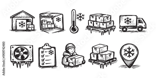 Black and white hand drawn icons depicting cold chain logistics elements like temperature control, refrigerated storage, shipping, and delivery. Suitable for illustrating food safety or pharmaceutical