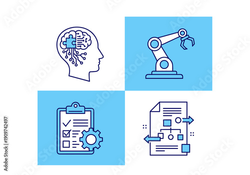 Four square icons depicting artificial intelligence brain, robotic arm, checklist with gear, and workflow diagram on blue and white background.