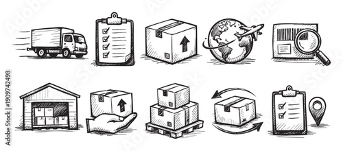 Set of hand-drawn logistics and delivery icons including truck, clipboard, box, globe, warehouse. Isolated on white, depicting shipping and distribution themes.