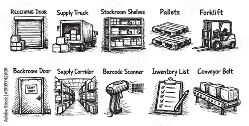 Hand drawn illustrations of warehouse elements. Includes forklift, pallet, stockroom shelves, conveyor belt and barcode scanner. Perfect for logistics and shipping materials.