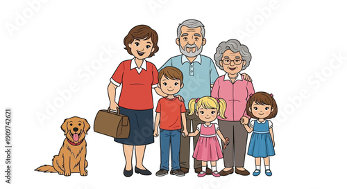 A cheerful multigenerational family portrait with a golden retriever dog