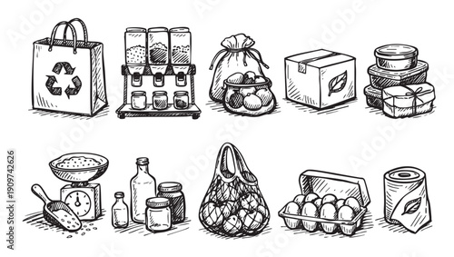Black and white doodle illustration of zero waste shopping items. Reusable bags, dispensers, jars, and containers for sustainable lifestyle. Ideal for eco-friendly businesses.