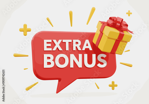 A red speech bubble displaying EXTRA BONUS text with a yellow gift box tied with a red ribbon emerging from it.