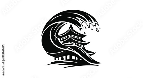 Stylized wave crashing over traditional Japanese building in black and white illustration for dramatic ocean and architecture concept