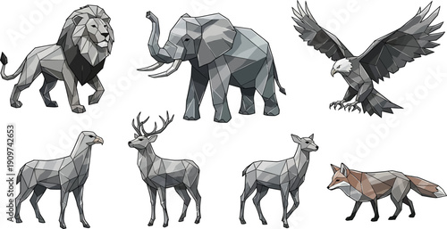 Diverse wildlife collection featuring lion, elephant, eagle, deer, and fox in various poses and actions